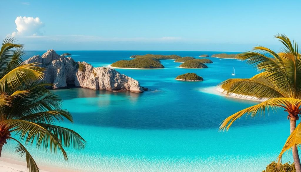A stunning panoramic view of the crystal-clear turquoise waters and picturesque islands of the Exumas, Bahamas. In the foreground, pristine white sand beaches stretch out, framed by swaying palm trees. In the middle ground, rugged limestone cliffs rise up, their craggy faces weathered by the ocean breeze. Beyond, a cluster of verdant, uninhabited islands dot the horizon, their lush green foliage reflecting in the calm, mirror-like surface of the sea. The scene is bathed in warm, golden sunlight, creating a serene and tranquil atmosphere. A wide-angle lens captures the breathtaking scale and grandeur of this natural paradise, showcasing the unique beauty and unspoiled charm of the Exumas.