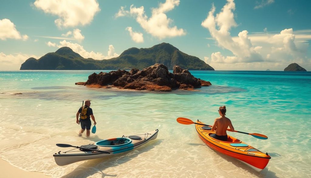 A sun-dappled beach in the Bahamas, turquoise waters lapping at the shore. In the foreground, an adventurer emerges from the crystal-clear sea, carrying snorkeling gear. Nearby, a kayak sits ready for a paddling expedition. In the middle ground, a rocky outcrop juts into the ocean, inviting exploration. The background features lush, verdant islands, their peaks reaching skyward. Warm, golden light filters through wispy clouds, casting a magical glow over the scene. The overall mood is one of excitement and discovery, perfectly capturing the spirit of adventure travel in this tropical paradise.
