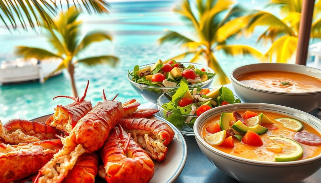 A vibrant array of Bahamian seafood dishes, masterfully crafted with locally sourced ingredients. In the foreground, a platter overflows with succulent grilled lobster tails, their tender flesh glistening under warm tropical lighting. Alongside, a steaming bowl of conch chowder, its rich, creamy broth infused with the essence of the sea. In the middle ground, a vibrant salad of fresh island greens, juicy tomatoes, and sliced avocado, drizzled with a tangy citrus dressing. In the background, a stunning vista of crystal-clear turquoise waters and swaying palm trees, capturing the essence of the Bahamas' natural beauty. The overall scene exudes a sense of seaside indulgence and culinary sophistication, perfectly capturing the "Culinary Delights of the Bahamas".