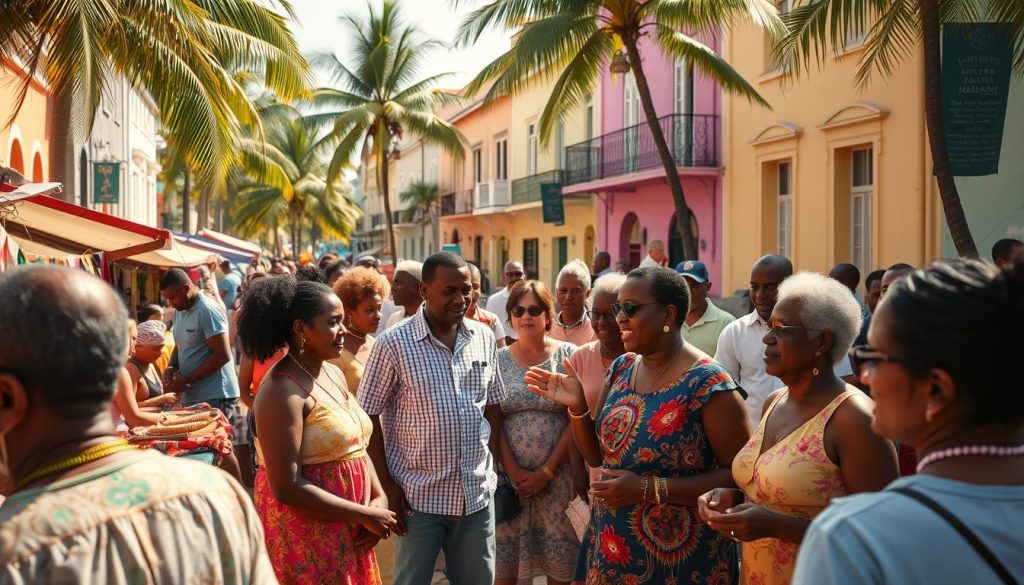 A vibrant community gathering in the heart of the Bahamas, bathed in warm tropical sunlight. In the foreground, a lively street market bustles with local artisans selling handcrafted wares and colorful textiles. In the middle ground, a group of residents engage in lively conversation, gesturing animatedly as they share stories of their island heritage. In the background, pastel-hued buildings with distinctive colonial architecture line the streets, creating a picturesque, island-inspired setting. The atmosphere is one of cultural celebration, with a sense of unity and pride palpable amongst the Bahamian people.