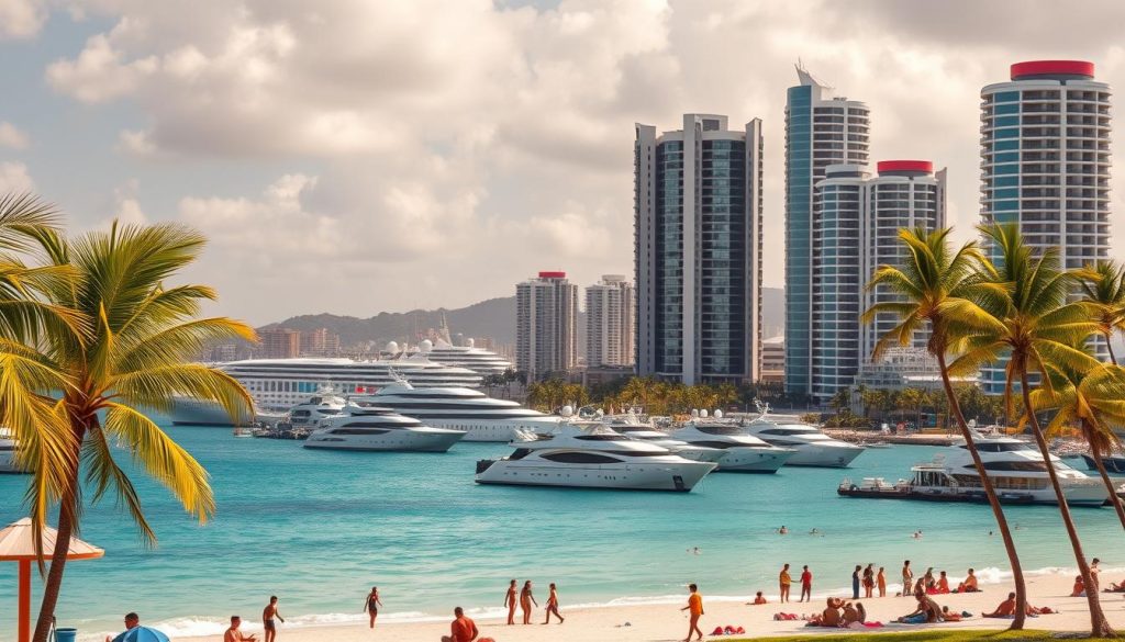 Bahamas economy, tourism and finance: a vibrant coastal landscape with pristine beaches, swaying palm trees, and modern high-rise buildings. In the foreground, people engage in beachside activities like swimming and sunbathing. In the middle ground, sleek yachts and cruise ships dot the turquoise waters. In the background, towering glass skyscrapers housing financial institutions overlook the bustling harbor. Warm, golden sunlight bathes the scene, creating a sense of prosperity and commercial activity. The composition emphasizes the Bahamas' role as a premier tropical destination and financial hub, with a focus on the interplay between tourism and the economy.