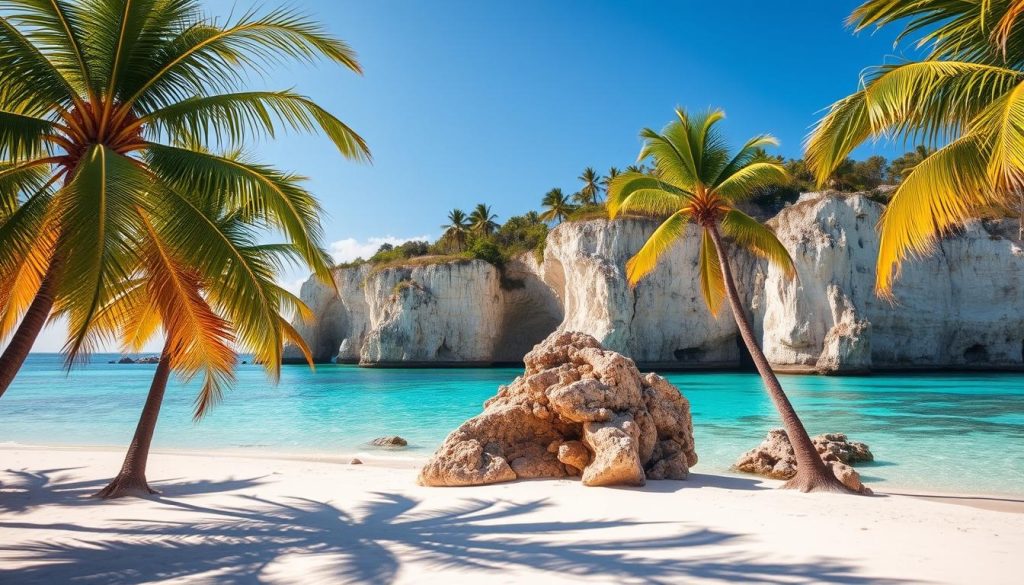 Pristine beaches of the Bahamas, where turquoise waters kiss soft, white sand. In the foreground, sun-dappled palm trees sway gently, their fronds casting playful shadows on the ground. The middle ground reveals stunning limestone cliffs, their timeless beauty enhanced by the warm, golden light of the tropical sun. In the distance, a vibrant coral reef teeming with marine life dances beneath the surface, inviting exploration. An overall sense of tranquility and natural wonder permeates the scene, capturing the essence of the Bahamas' remarkable natural attractions.