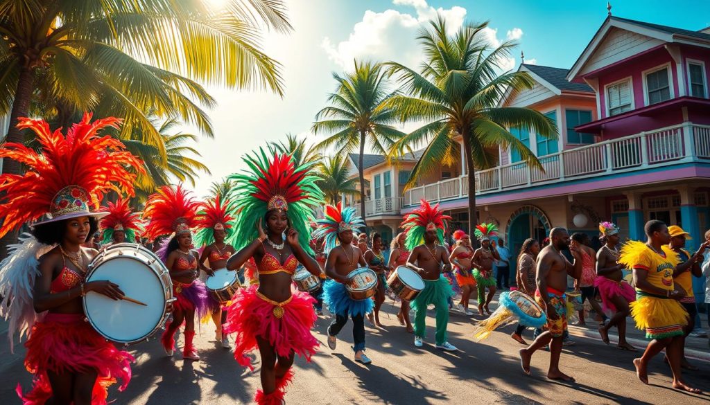 Vibrant Bahamian cultural celebration: a lively carnival scene with feathered dancers in elaborate costumes swaying to the rhythmic beats of steel drums and junkanoo marchers parading through the streets. Sunlight filters through the palm trees, casting a warm glow on the festivities. In the background, colorful wooden houses with gingerbread trim line the vibrant waterfront, hinting at the islands' colonial heritage. The atmosphere is one of joy, energy, and a rich, centuries-old tradition. High-resolution, photorealistic, cinematic lighting.