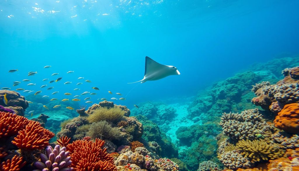 Vibrant underwater seascape depicting the diverse marine life of the Bahamas. A vibrant coral reef teeming with schools of tropical fish in shimmering blues, greens, and oranges. In the middle ground, a graceful manta ray glides by, its wings undulating through the warm, clear waters. In the background, sunlight filters down, creating a serene, luminous atmosphere. The scene captures the delicate balance and natural beauty of the Bahamas' marine ecosystem, showcasing its importance as a vital conservation area.
