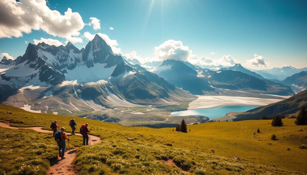 A breathtaking alpine landscape in Bosnia and Herzegovina, with jagged snow-capped peaks piercing the azure sky. In the foreground, a group of hikers traverse a winding path, their backpacks and trekking poles indicating an adventurous journey. The middle ground reveals a lush, green meadow dotted with wildflowers, leading the eye towards a magnificent glacial lake, its crystal-clear waters reflecting the surrounding mountains. Warm, golden sunlight filters through the clouds, casting a dreamy, ethereal glow over the entire scene. Dramatic shadows and highlights accentuate the rugged terrain, inviting the viewer to explore the untamed beauty of Bosnia's outdoor adventure wonderland.