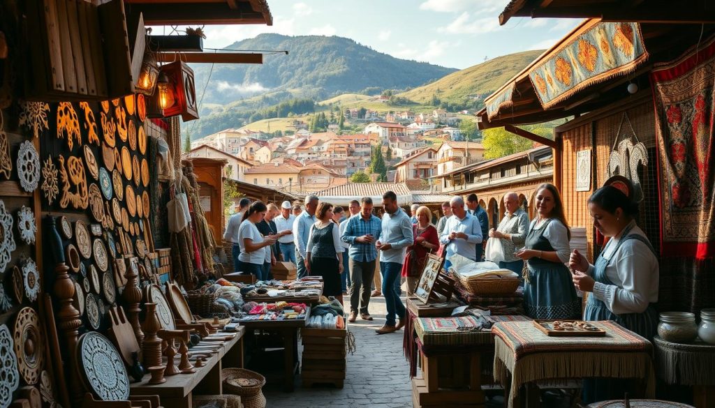 A bustling Bosnian marketplace, lit by warm sunlight and filled with an array of handcrafted wares. In the foreground, intricate wooden carvings, delicate lace doilies, and vibrant hand-woven rugs are displayed on rustic wooden stalls. The middle ground features skilled artisans demonstrating their traditional techniques, their faces alight with pride. In the background, a picturesque Bosnian town nestled between rolling hills and lush greenery creates a serene, historic atmosphere. The overall scene captures the rich cultural heritage and exceptional craftsmanship that defines Bosnia and Herzegovina's unique identity.
