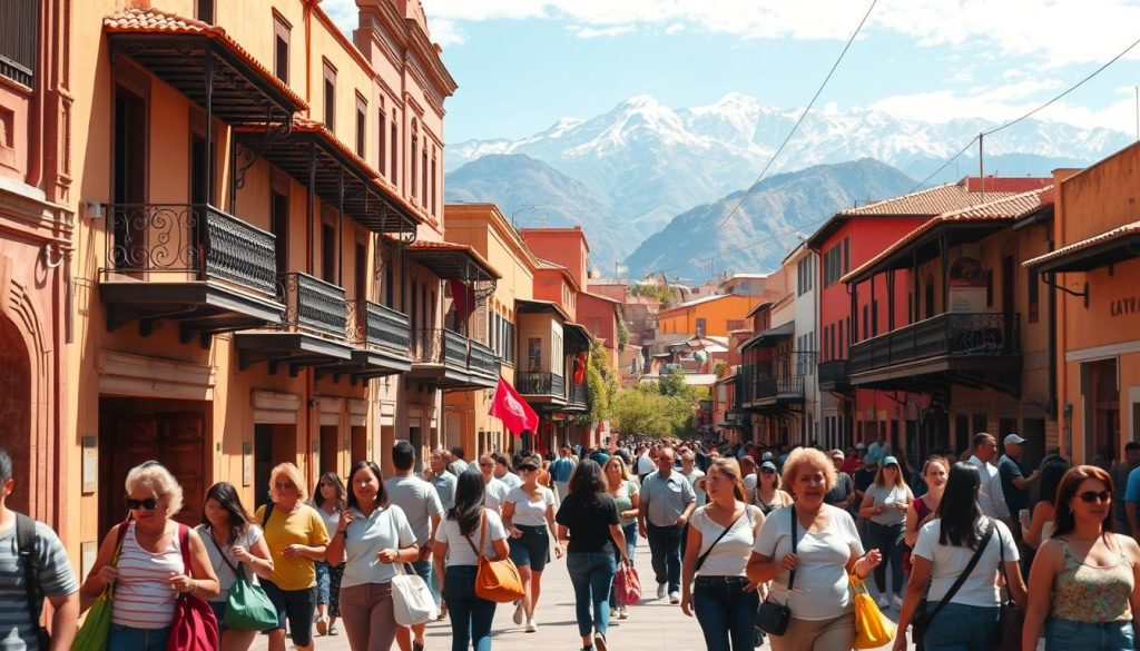A bustling Colombian street scene, captured with a wide-angle lens to showcase the vibrant architecture and bustling sidewalks. In the foreground, locals and tourists navigate the lively sidewalks, carrying colorful bags and chatting animatedly. The middle ground features traditional adobe buildings with ornate balconies and wrought-iron details, bathed in warm, golden sunlight. In the background, towering Andean peaks rise majestically, their snowcapped summits glimmering under a cloudless sky. The overall atmosphere conveys the energy, culture, and natural beauty that make Colombia a must-visit destination. A bustling Colombian street scene, captured with a wide-angle lens to showcase the vibrant architecture and bustling sidewalks. In the foreground, locals and tourists navigate the lively sidewalks, carrying colorful bags and chatting animatedly. The middle ground features traditional adobe buildings with ornate balconies and wrought-iron details, bathed in warm, golden sunlight. In the background, towering Andean peaks rise majestically, their snowcapped summits glimmering under a cloudless sky. The overall atmosphere conveys the energy, culture, and natural beauty that make Colombia a must-visit destination.