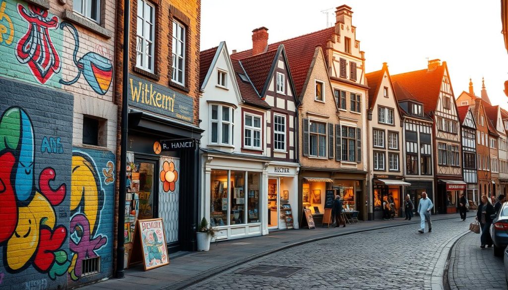 A bustling city street in Brunswick, Germany, with a vibrant art scene. In the foreground, vibrant murals adorn the walls, showcasing local artists' diverse styles. In the middle ground, quaint galleries and studios line the cobblestone streets, their windows displaying intriguing contemporary artworks. In the background, the iconic historic architecture of Brunswick provides a picturesque backdrop, bathed in warm, golden afternoon light. The scene exudes a lively, creative atmosphere, capturing the essence of the city's thriving artistic community. A bustling city street in Brunswick, Germany, with a vibrant art scene. In the foreground, vibrant murals adorn the walls, showcasing local artists' diverse styles. In the middle ground, quaint galleries and studios line the cobblestone streets, their windows displaying intriguing contemporary artworks. In the background, the iconic historic architecture of Brunswick provides a picturesque backdrop, bathed in warm, golden afternoon light. The scene exudes a lively, creative atmosphere, capturing the essence of the city's thriving artistic community.