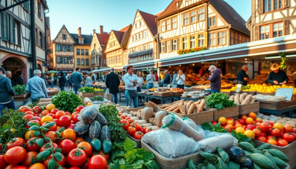 A bustling market square in the heart of Brunswick, Germany, showcasing an array of culinary delights. In the foreground, a vibrant display of fresh produce - juicy tomatoes, crisp greens, and fragrant herbs. Artisan bakers offer an assortment of crusty breads and flaky pastries, their aromas wafting through the air. In the middle ground, local chefs prepare traditional Brunswick dishes, such as Braunschweiger sausage and Senfsuppe (mustard soup), while patrons eagerly await their orders. The background is dotted with charming half-timbered buildings, casting warm, golden light across the scene. A sense of local pride and community pervades the atmosphere, inviting visitors to immerse themselves in the unique culinary heritage of this historic city. A bustling market square in the heart of Brunswick, Germany, showcasing an array of culinary delights. In the foreground, a vibrant display of fresh produce - juicy tomatoes, crisp greens, and fragrant herbs. Artisan bakers offer an assortment of crusty breads and flaky pastries, their aromas wafting through the air. In the middle ground, local chefs prepare traditional Brunswick dishes, such as Braunschweiger sausage and Senfsuppe (mustard soup), while patrons eagerly await their orders. The background is dotted with charming half-timbered buildings, casting warm, golden light across the scene. A sense of local pride and community pervades the atmosphere, inviting visitors to immerse themselves in the unique culinary heritage of this historic city.