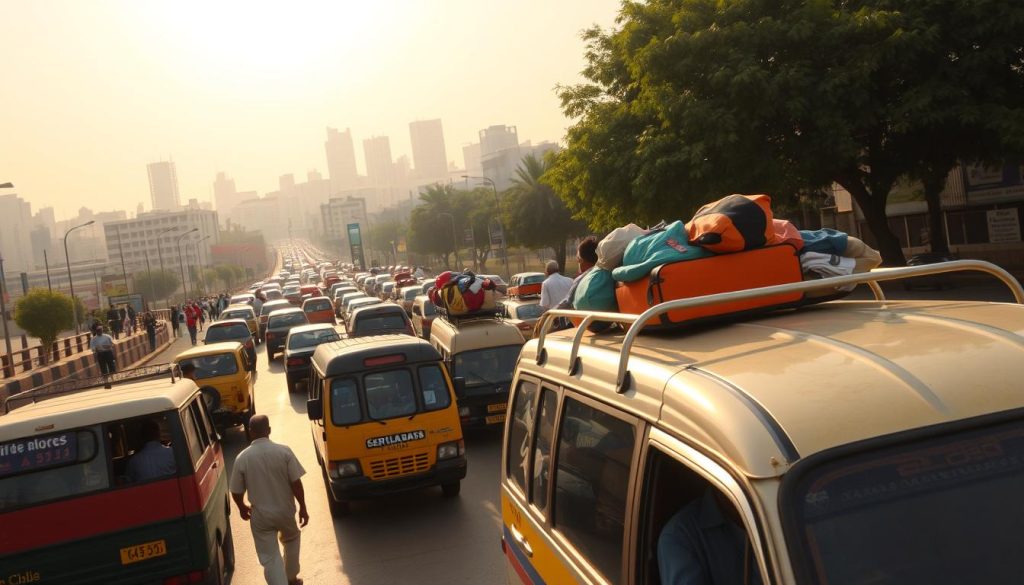 A bustling outdoor scene in the heart of Chad's urban center, capturing the essence of its public transportation system. In the foreground, a colorful fleet of minibuses and taxis ferrying passengers through the busy streets, their roofs adorned with luggage and goods. In the middle ground, pedestrians hurry along the sidewalks, weaving between the vehicles. The background reveals a vibrant cityscape, with towering buildings and a hazy sky overhead, illuminated by the warm glow of the sun. The scene exudes a sense of energy and movement, reflecting the dynamic nature of transportation in this African nation.