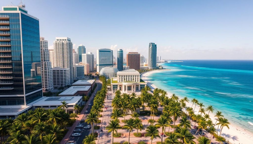 A bustling skyline of modern high-rise buildings, their glass facades gleaming in the warm Caribbean sun. In the foreground, a network of palm-lined streets and sidewalks, bustling with well-dressed professionals hurrying to and fro. The middle ground reveals a cluster of bank headquarters, their logos proudly displayed, flanked by sleek office towers. In the background, the crystal-clear turquoise waters of the Caribbean Sea stretch out to the horizon, a serene contrast to the energy of the financial district. Crisp, evenly-lit scene captured with a wide-angle lens to showcase the scale and grandeur of this renowned global financial hub. A bustling skyline of modern high-rise buildings, their glass facades gleaming in the warm Caribbean sun. In the foreground, a network of palm-lined streets and sidewalks, bustling with well-dressed professionals hurrying to and fro. The middle ground reveals a cluster of bank headquarters, their logos proudly displayed, flanked by sleek office towers. In the background, the crystal-clear turquoise waters of the Caribbean Sea stretch out to the horizon, a serene contrast to the energy of the financial district. Crisp, evenly-lit scene captured with a wide-angle lens to showcase the scale and grandeur of this renowned global financial hub.