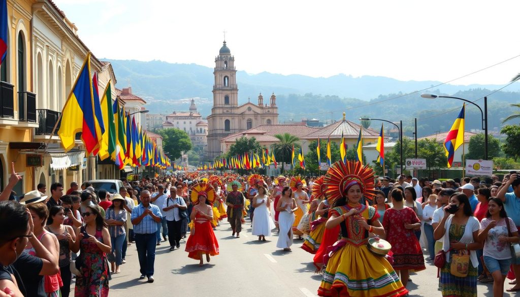 A bustling street in a vibrant Colombian city, adorned with colorful flags, banners, and traditional dancers in elaborate costumes. In the foreground, a lively parade with musicians playing traditional instruments, their rhythms pulsing through the air. In the middle ground, a crowd of locals and visitors alike, capturing the festivities with their cameras, their faces alight with joy and wonder. In the background, towering colonial buildings and lush, verdant landscapes, creating a stunning backdrop for this spectacular celebration of Colombian culture and heritage. Warm, golden lighting casts a festive glow over the entire scene, accentuating the vibrant hues and creating a sense of energy and excitement. A bustling street in a vibrant Colombian city, adorned with colorful flags, banners, and traditional dancers in elaborate costumes. In the foreground, a lively parade with musicians playing traditional instruments, their rhythms pulsing through the air. In the middle ground, a crowd of locals and visitors alike, capturing the festivities with their cameras, their faces alight with joy and wonder. In the background, towering colonial buildings and lush, verdant landscapes, creating a stunning backdrop for this spectacular celebration of Colombian culture and heritage. Warm, golden lighting casts a festive glow over the entire scene, accentuating the vibrant hues and creating a sense of energy and excitement.