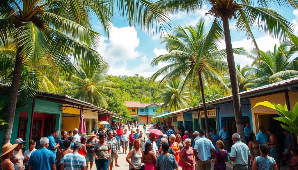 A bustling village scene in the heart of Belize, captured through a wide-angle lens. In the foreground, groups of locals gather under the shade of palm trees, engaged in lively conversations and laughter. The middle ground features colorful homes with vibrant painted facades, their residents spilling onto the streets, creating a palpable sense of community. In the background, the lush, verdant foliage of the surrounding tropical landscape frames the scene, bathed in warm, golden sunlight filtering through wispy clouds. The overall atmosphere exudes a welcoming, relaxed vibe, reflecting the warmth and hospitality of the Belizean people.