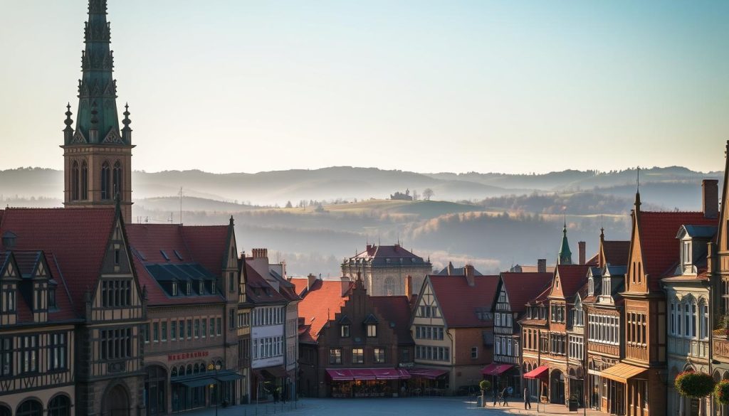 A charming cityscape of Lüneburg, Germany, bathed in the warm glow of golden hour sunlight. In the foreground, ornate historic buildings with distinctive red-tiled roofs and intricate facades line the cobblestone streets. Towering church spires punctuate the skyline, their gothic silhouettes casting long shadows across the scene. Quaint shops and cafes populate the middle ground, their cheerful awnings and window displays adding vibrant pops of color. In the background, the rolling hills of the Lüneburger Heide provide a picturesque natural backdrop, hazy blue under the softening light. An overall sense of timeless elegance and tranquility permeates the atmosphere, inviting the viewer to step into this enchanting slice of traditional German architecture. A charming cityscape of Lüneburg, Germany, bathed in the warm glow of golden hour sunlight. In the foreground, ornate historic buildings with distinctive red-tiled roofs and intricate facades line the cobblestone streets. Towering church spires punctuate the skyline, their gothic silhouettes casting long shadows across the scene. Quaint shops and cafes populate the middle ground, their cheerful awnings and window displays adding vibrant pops of color. In the background, the rolling hills of the Lüneburger Heide provide a picturesque natural backdrop, hazy blue under the softening light. An overall sense of timeless elegance and tranquility permeates the atmosphere, inviting the viewer to step into this enchanting slice of traditional German architecture.