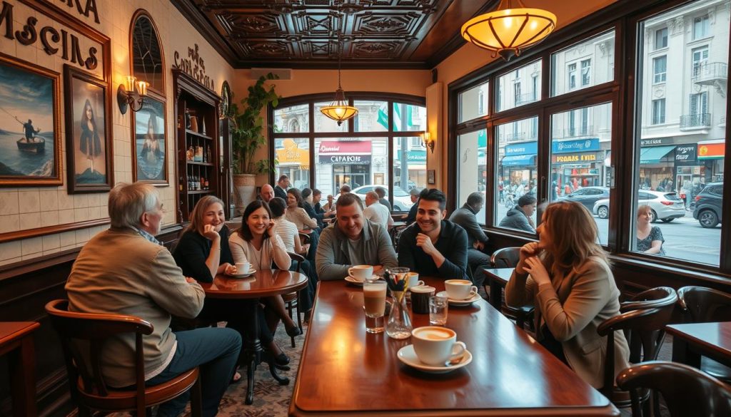 A cozy cafe in the heart of Sarajevo, where Bosnian locals gather to savor the rich aroma of freshly brewed coffee. In the foreground, a group of friends sit around a wooden table, their faces aglow with warmth and laughter as they engage in lively conversation. The middle ground reveals the charming interior, with its ornate tile floors, intricate woodwork, and soft lighting that casts a welcoming glow. In the background, glimpses of the bustling city streets can be seen through the large windows, hinting at the vibrant culture and heritage of this captivating Balkan nation. The overall scene exudes a sense of comfort, hospitality, and joie de vivre that is quintessentially Bosnian.