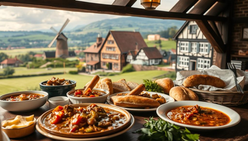 A cozy, rustic scene depicting the unique flavors of Lüneburg cuisine. In the foreground, a table laden with traditional dishes: hearty stews, savory meat pies, and freshly baked bread. The middle ground showcases the charming Lüneburg architecture, with its distinctive brick facades and half-timbered houses. In the background, a lush, rolling landscape dotted with windmills and pastoral scenes. The lighting is warm and inviting, lending a sense of comfort and nostalgia. The overall atmosphere evokes the rich culinary heritage and picturesque surroundings of Lüneburg, painting a vivid picture of the town's unique gastronomic specialties. A cozy, rustic scene depicting the unique flavors of Lüneburg cuisine. In the foreground, a table laden with traditional dishes: hearty stews, savory meat pies, and freshly baked bread. The middle ground showcases the charming Lüneburg architecture, with its distinctive brick facades and half-timbered houses. In the background, a lush, rolling landscape dotted with windmills and pastoral scenes. The lighting is warm and inviting, lending a sense of comfort and nostalgia. The overall atmosphere evokes the rich culinary heritage and picturesque surroundings of Lüneburg, painting a vivid picture of the town's unique gastronomic specialties.