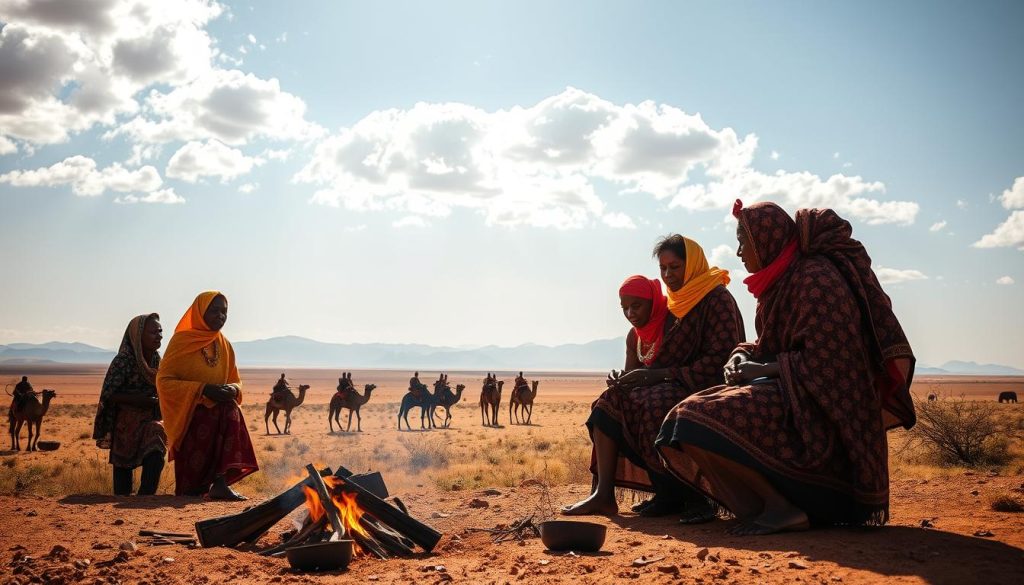 A group of nomadic Chad tribespeople traversing the vast, sun-drenched savanna, their colorful robes and intricate jewelry gleaming in the golden light. In the foreground, a family gathers around a crackling fire, tending to a simple meal as their pack animals graze nearby. In the middle ground, a caravan of camel-riding nomads winds its way across the undulating landscape, the distant mountains hazy on the horizon. Overhead, fluffy clouds drift lazily across a bright azure sky, casting gentle shadows over the scene. The mood is one of timeless tradition, of a people in harmony with the land they have inhabited for generations.