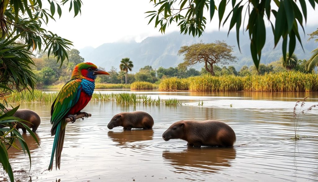 A lush and diverse Bolivian wildlife scene captured in a stunning medium-shot composition. In the foreground, a vibrant quetzal bird perches gracefully on a branch, its iridescent plumage shimmering in the soft, natural lighting. In the middle ground, a pair of capybaras wades through a tranquil, reed-lined river, their sizable forms casting gentle reflections. Further back, a towering Andean mountain range rises majestically, shrouded in a mist that lends an air of mystique. The overall scene exudes a sense of serene harmony, showcasing the remarkable biodiversity and natural beauty found within Bolivia's varied habitats.