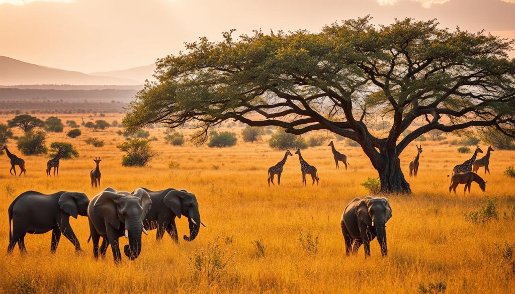 A lush, sun-dappled savanna in Chad's Zakouma National Park. In the foreground, a herd of majestic elephants grazes peacefully, their trunks swaying in a gentle breeze. Further back, a pride of lions rests in the shade of an acacia tree, their tawny coats glowing in the warm afternoon light. Giraffes and antelope dart between the tall grasses, creating a dynamic and vibrant scene. The background is filled with the rolling hills and distant mountains that define the park's stunning natural landscape, bathed in the soft, golden tones of the African sunset. This serene, untamed wildlife paradise captures the essence of Chad's remarkable natural diversity.