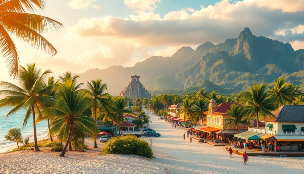 A lush tropical landscape featuring the iconic landmarks of Belize's tourism economy. In the foreground, a white sand beach with palm trees swaying in the gentle breeze, flanked by turquoise waters of the Caribbean Sea. The middle ground showcases the vibrant streets of a coastal town, bustling with colorful local markets and traditional Mayan architecture. In the background, the rugged Maya Mountains rise majestically, their peaks shrouded in mist. Warm, golden sunlight filters through the scene, creating a serene and inviting atmosphere that captures the essence of Belize's natural beauty and cultural heritage. The image conveys the country's thriving tourism industry, highlighting its diverse attractions that draw visitors from around the world.
