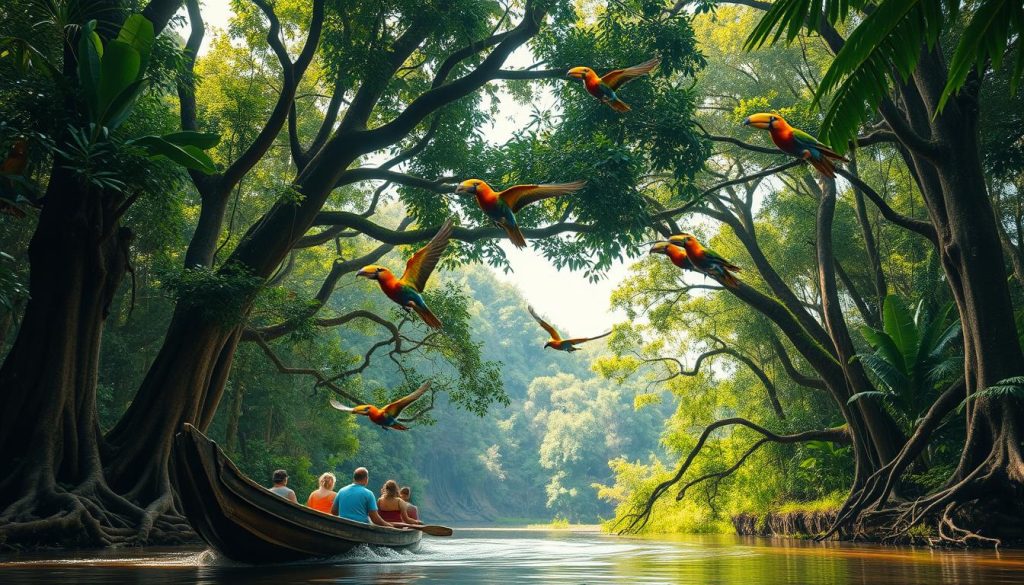 A lush, verdant Amazon rainforest canopy, sunlight filtering through the dense foliage. In the foreground, a group of adventurers navigating a meandering river in a small wooden boat, their faces alight with exhilaration. Towering, ancient trees line the riverbanks, their twisted roots exposed. Vibrant tropical birds soar overhead, their brilliant plumages creating a kaleidoscopic display. The air is thick with the scent of exotic flora and the sounds of rustling leaves and distant animal calls. A sense of untamed, primal wilderness pervades the scene, inviting the viewer to immerse themselves in the thrill of an Amazon adventure.