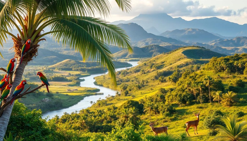 A lush, verdant landscape in Barbados, showcasing the island's thriving wildlife and conservation efforts. In the foreground, a group of vibrant, tropical birds perch on the branches of a towering palm tree, their plumage a stunning display of vibrant hues. In the middle ground, a winding river meanders through the verdant foliage, with a herd of majestic deer grazing peacefully on the banks. In the background, rolling hills and mountains rise up, creating a serene and picturesque backdrop. The scene is bathed in warm, golden sunlight, casting a gentle glow over the entire landscape and highlighting the rich, diverse ecosystem. The overall mood is one of tranquility, harmony, and the successful preservation of Barbados' natural wonders.