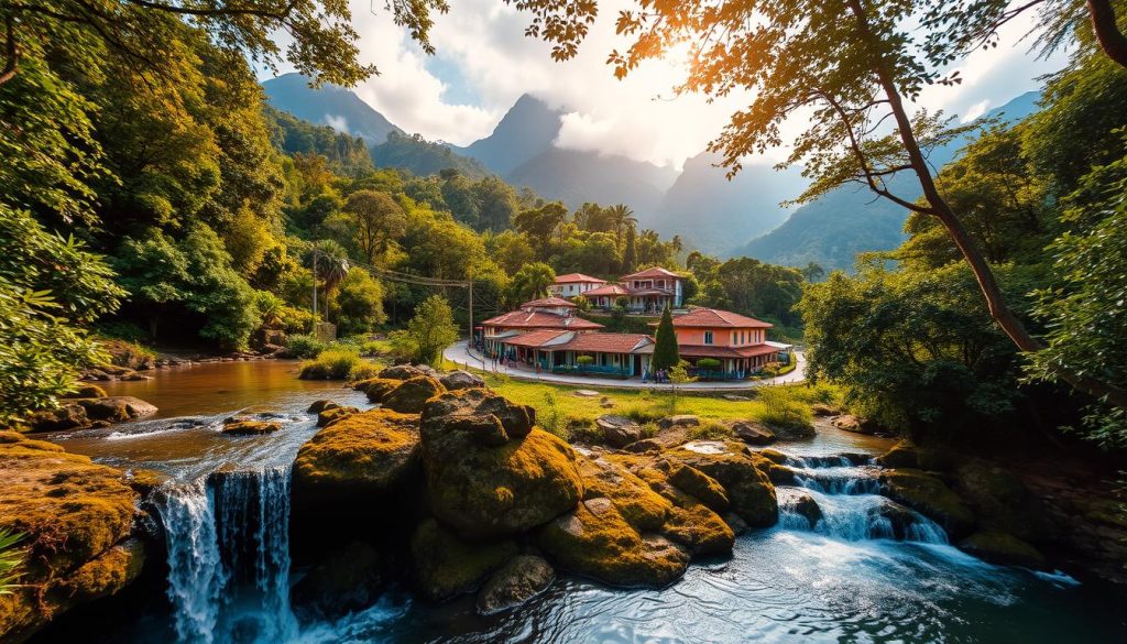 A lush, verdant landscape with towering mountains in the distance, their peaks shrouded in wispy clouds. In the foreground, a hidden waterfall cascades over moss-covered rocks, its crystal-clear waters reflecting the vibrant greens and blues of the surrounding foliage. Tucked away in the middle ground, a charming colonial-style village with colorful buildings and winding cobblestone streets, its residents going about their daily lives. The warm, golden sunlight filters through the canopy of trees, creating a serene and tranquil atmosphere. This is a scene of Colombia's untouched natural beauty, a hidden gem waiting to be discovered by the adventurous traveler. A lush, verdant landscape with towering mountains in the distance, their peaks shrouded in wispy clouds. In the foreground, a hidden waterfall cascades over moss-covered rocks, its crystal-clear waters reflecting the vibrant greens and blues of the surrounding foliage. Tucked away in the middle ground, a charming colonial-style village with colorful buildings and winding cobblestone streets, its residents going about their daily lives. The warm, golden sunlight filters through the canopy of trees, creating a serene and tranquil atmosphere. This is a scene of Colombia's untouched natural beauty, a hidden gem waiting to be discovered by the adventurous traveler.