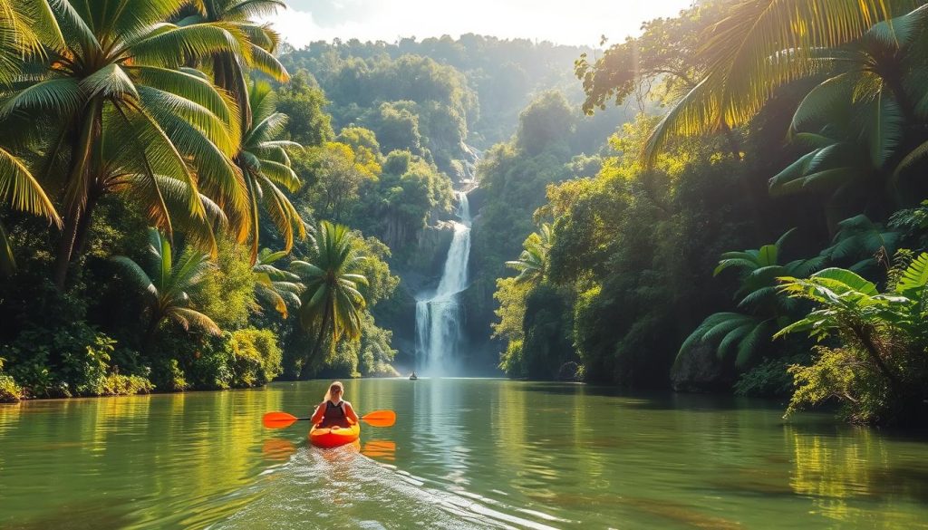 A lush, verdant rainforest backdrop with towering palm trees and vibrant foliage. In the foreground, a serene, crystal-clear river winding its way through the landscape, with a kayaker effortlessly navigating the tranquil waters. Sunlight filters through the canopy, casting a warm, golden glow over the scene. In the distance, a majestic waterfall cascades over rugged cliffs, surrounded by diverse wildlife and the sounds of nature. The overall atmosphere exudes a sense of adventure, tranquility, and the breathtaking beauty of Belize's ecotourism experiences.