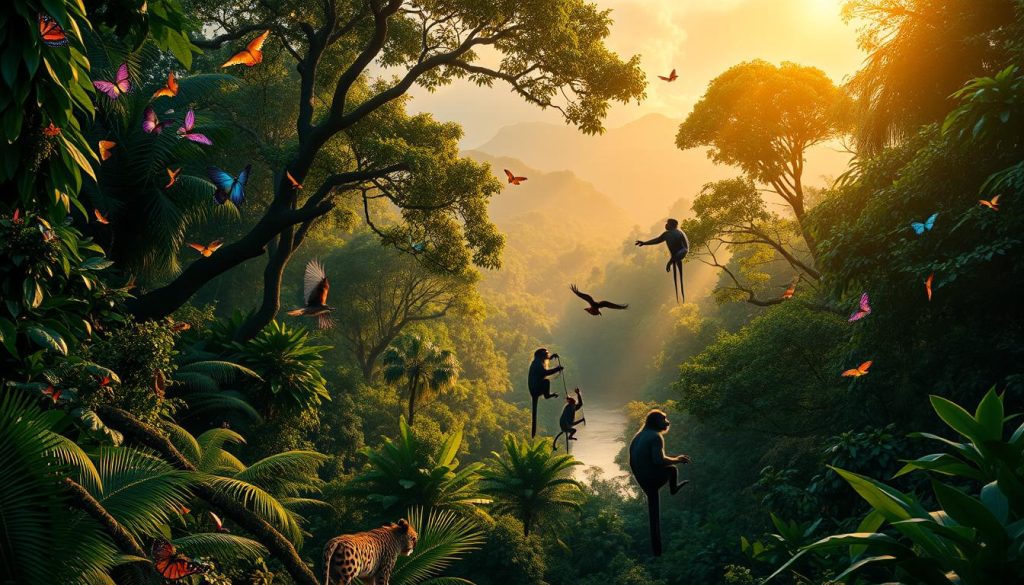A lush, verdant tropical rainforest in Colombia, teeming with an abundance of vibrant life. In the foreground, a kaleidoscope of colorful birds, butterflies, and insects flutter among the towering canopy of ancient trees. Rays of warm, golden sunlight filter through the dense foliage, casting a serene, ethereal glow. In the middle ground, a meandering river winds its way through the undergrowth, its surface reflecting the surrounding vegetation. Monkeys swing playfully from branch to branch, while jaguars and other elusive creatures prowl the forest floor. In the background, majestic, mist-shrouded mountains rise up, creating a sense of scale and grandeur. The overall atmosphere is one of untamed natural beauty, a true testament to Colombia's incredible biodiversity and the wonders of its tropical rainforest ecosystem. A lush, verdant tropical rainforest in Colombia, teeming with an abundance of vibrant life. In the foreground, a kaleidoscope of colorful birds, butterflies, and insects flutter among the towering canopy of ancient trees. Rays of warm, golden sunlight filter through the dense foliage, casting a serene, ethereal glow. In the middle ground, a meandering river winds its way through the undergrowth, its surface reflecting the surrounding vegetation. Monkeys swing playfully from branch to branch, while jaguars and other elusive creatures prowl the forest floor. In the background, majestic, mist-shrouded mountains rise up, creating a sense of scale and grandeur. The overall atmosphere is one of untamed natural beauty, a true testament to Colombia's incredible biodiversity and the wonders of its tropical rainforest ecosystem.