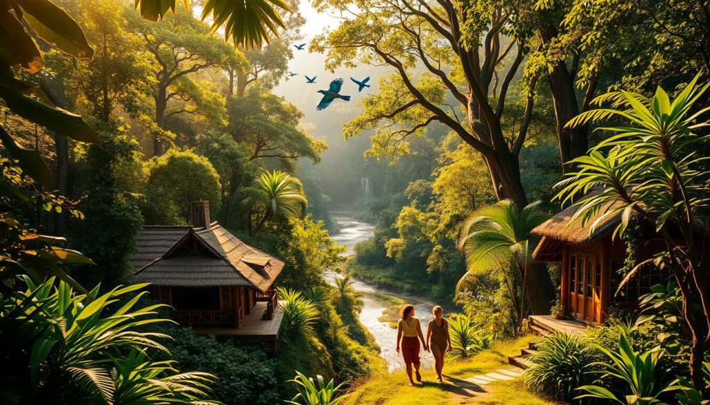 A lush, vibrant Amazon rainforest scene, bathed in warm, golden sunlight filtering through the dense canopy of verdant foliage. In the foreground, a small, traditional eco-lodge nestled among the towering trees, its thatched roof and wooden structure blending seamlessly with the natural surroundings. A group of travelers, dressed in lightweight, earth-toned attire, explore the winding trails, their faces alight with wonder and curiosity. In the middle ground, a meandering river cuts through the landscape, its waters reflecting the intricate patterns of the leaves above. Overhead, a flock of colorful birds soar gracefully, adding to the sense of tranquility and harmony. The background features the towering, ancient trees of the Amazon, their branches reaching towards the sky, creating a sense of depth and timelessness.