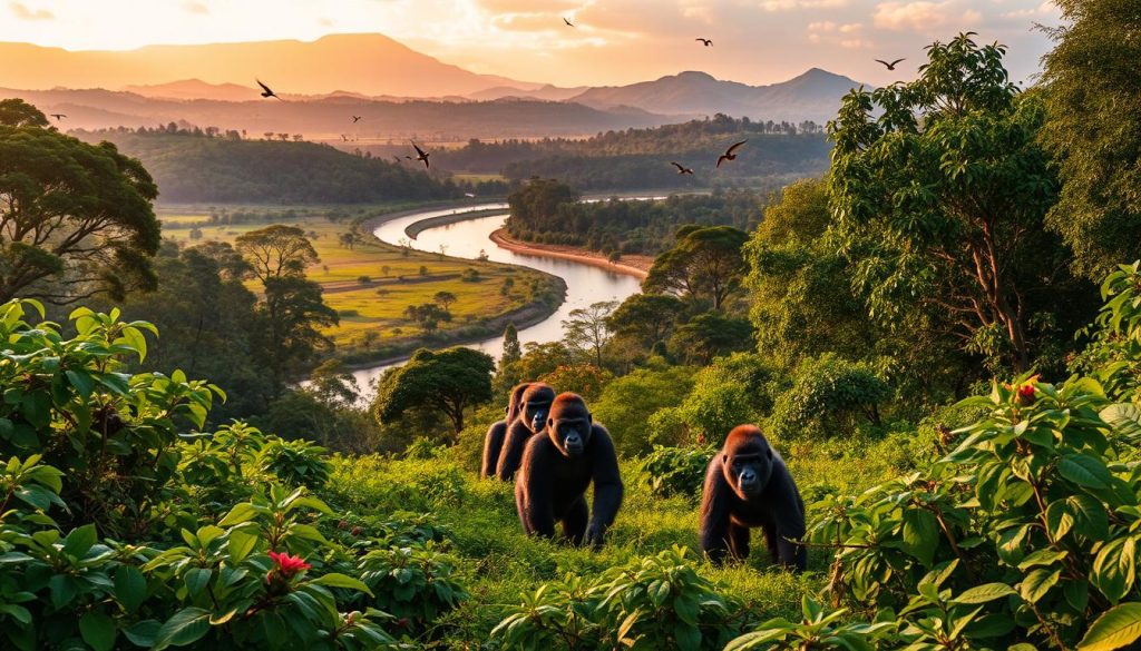 A lush, vibrant landscape of Burundi's national parks, teeming with diverse wildlife. In the foreground, a family of mountain gorillas roam amidst verdant foliage, their powerful frames and gentle expressions capturing the essence of Burundi's biodiversity. The middle ground features a winding river, its banks dotted with towering trees and colorful birds in flight. In the distance, rolling hills and rugged mountains form a breathtaking backdrop, bathed in warm, golden light. The scene exudes a sense of tranquility and harmony, showcasing the natural wonders that make Burundi's national parks a true haven for nature enthusiasts.