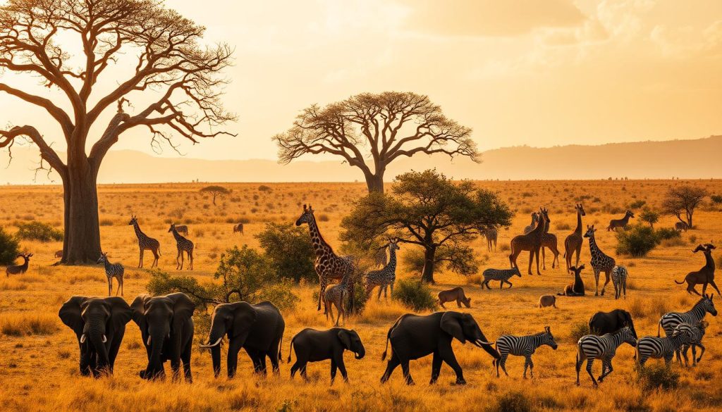 A majestic African landscape unfolds, with sprawling savannas and towering baobab trees. In the foreground, a herd of elephants ambles peacefully, their powerful trunks swaying in the warm breeze. Giraffes gracefully navigate the middle ground, their long necks reaching for the lush foliage. In the distance, a pride of lions rests in the shade, their golden coats shimmering in the golden hour light. Zebras and antelopes dot the horizon, creating a symphony of wildlife. The scene is bathed in a warm, golden glow, capturing the essence of Botswana's untamed wilderness. A wide-angle lens and cinematic composition immerse the viewer in this captivating Botswana wildlife safari.