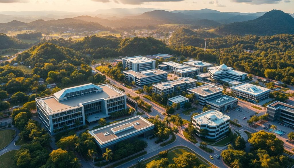 A majestic aerial view of Brunei's vibrant education and healthcare facilities, bathed in warm golden light. In the foreground, a sprawling modern university campus with sleek glass-and-steel buildings surrounded by lush tropical greenery. In the middle ground, state-of-the-art hospitals and clinics with cutting-edge medical equipment, bustling with activity. In the background, the rolling hills and dense forests that characterize Brunei's picturesque landscape. The scene conveys a sense of progress, innovation, and a deep commitment to nurturing the health and education of Brunei's people.