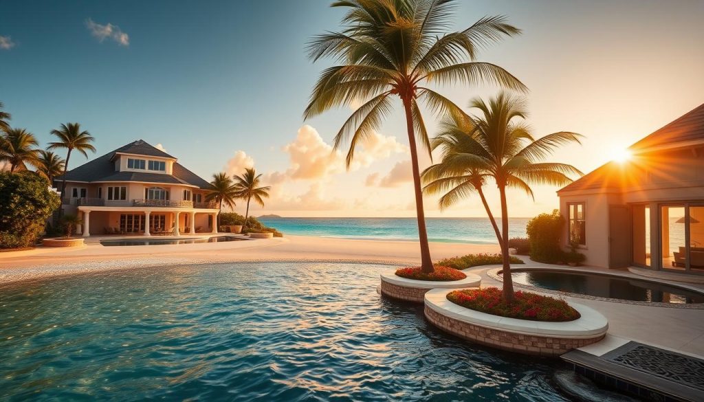 A meticulously crafted seaside villa nestled in the heart of the Cayman Islands, its elegant facade bathed in golden evening light. Shimmering turquoise waters lap against a pristine white sand beach, inviting guests to indulge in a private luxury experience. Lush palm trees sway gently in the warm Caribbean breeze, setting the stage for an unforgettable getaway. The villa's interior exudes refined sophistication, with plush furnishings, floor-to-ceiling windows, and a terrace offering breathtaking ocean vistas. Guests can savor gourmet cuisine prepared by a private chef, unwind in the infinity pool, or embark on exclusive excursions to explore the island's natural wonders. This is the epitome of Cayman Islands luxury, where every detail is tailored to create a truly exceptional vacation. A meticulously crafted seaside villa nestled in the heart of the Cayman Islands, its elegant facade bathed in golden evening light. Shimmering turquoise waters lap against a pristine white sand beach, inviting guests to indulge in a private luxury experience. Lush palm trees sway gently in the warm Caribbean breeze, setting the stage for an unforgettable getaway. The villa's interior exudes refined sophistication, with plush furnishings, floor-to-ceiling windows, and a terrace offering breathtaking ocean vistas. Guests can savor gourmet cuisine prepared by a private chef, unwind in the infinity pool, or embark on exclusive excursions to explore the island's natural wonders. This is the epitome of Cayman Islands luxury, where every detail is tailored to create a truly exceptional vacation.