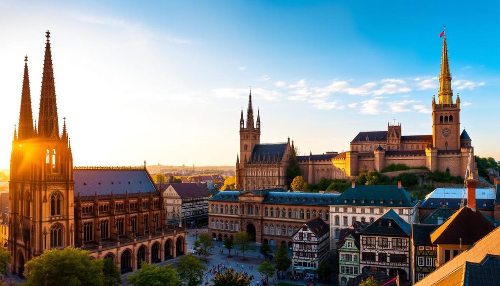 A panoramic view of Brunswick's iconic landmarks bathed in warm, golden hour light. In the foreground, the imposing Brunswick Cathedral with its towering spires and intricate Gothic architecture stands as a testament to the city's rich history. In the middle ground, the Brunswick Palace, a magnificent baroque structure, overlooks a bustling square lined with charming half-timbered buildings. In the background, the Dankwarderode Castle, a well-preserved medieval fortress, rises majestically against a vibrant, cloudless sky. The scene conveys a sense of timeless elegance and architectural grandeur that defines the unique character of Brunswick. A panoramic view of Brunswick's iconic landmarks bathed in warm, golden hour light. In the foreground, the imposing Brunswick Cathedral with its towering spires and intricate Gothic architecture stands as a testament to the city's rich history. In the middle ground, the Brunswick Palace, a magnificent baroque structure, overlooks a bustling square lined with charming half-timbered buildings. In the background, the Dankwarderode Castle, a well-preserved medieval fortress, rises majestically against a vibrant, cloudless sky. The scene conveys a sense of timeless elegance and architectural grandeur that defines the unique character of Brunswick.