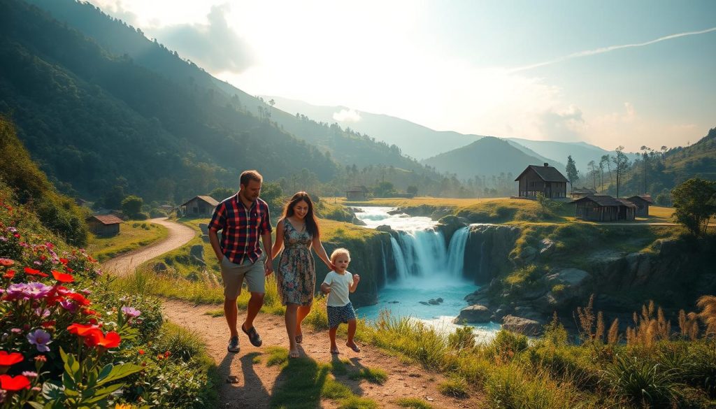 A picturesque family vacation scene in the lush, mountainous landscapes of Burundi. In the foreground, a close-knit family - parents, children, and grandparents - strolls along a winding path lined with vibrant wildflowers. The middle ground features a cascading waterfall, its turquoise waters tumbling over rocky outcroppings. In the distant background, rolling hills adorned with verdant forests and traditional Burundian homesteads create a serene, pastoral atmosphere. Warm, golden sunlight filters through wispy clouds, casting a soft, inviting glow over the entire scene. The overall mood evokes a strong sense of family, togetherness, and the cherished role of the family unit within Burundian society.