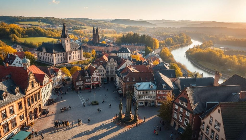 A picturesque travel guide showcasing the distinct charms of Brunswick and Lüneburg. Featuring an aerial view of the historic city centers, with the iconic Brunswick Castle and Lüneburg's Hanseatic architecture taking center stage. In the foreground, pedestrians stroll along cobblestone streets lined with quaint shops and cafes, capturing the vibrant local culture. The middle ground showcases the natural landscapes that surround the cities, with rolling hills, lush forests, and the winding Oker River. The background is bathed in warm, golden light, creating a welcoming and inviting atmosphere. Shot with a wide-angle lens to accentuate the scale and grandeur of the scene, this image perfectly encapsulates the unique identities of these two captivating German towns. A picturesque travel guide showcasing the distinct charms of Brunswick and Lüneburg. Featuring an aerial view of the historic city centers, with the iconic Brunswick Castle and Lüneburg's Hanseatic architecture taking center stage. In the foreground, pedestrians stroll along cobblestone streets lined with quaint shops and cafes, capturing the vibrant local culture. The middle ground showcases the natural landscapes that surround the cities, with rolling hills, lush forests, and the winding Oker River. The background is bathed in warm, golden light, creating a welcoming and inviting atmosphere. Shot with a wide-angle lens to accentuate the scale and grandeur of the scene, this image perfectly encapsulates the unique identities of these two captivating German towns.