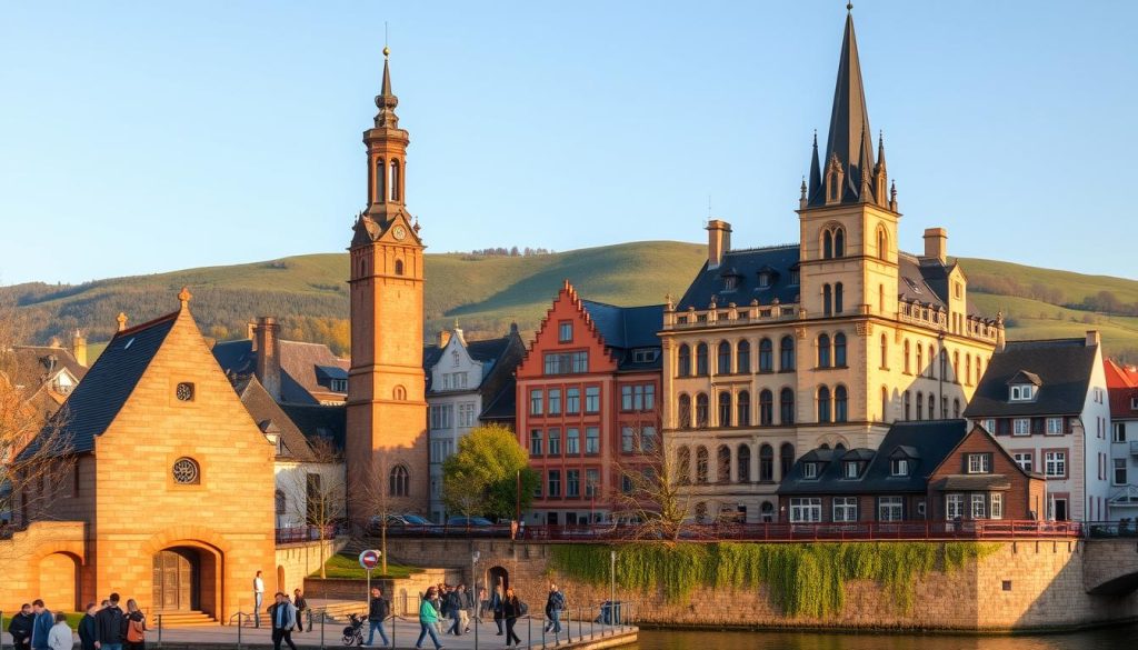 A picturesque university town nestled along the Ilmenau River, Lüneburg's historic architecture and vibrant academic culture come to life. In the foreground, students stroll past the iconic Alter Kran, a former medieval crane now serving as a landmark. Midground, the striking facades of the University of Lüneburg stand tall, their limestone walls illuminated by warm, golden sunlight. In the background, the rolling green hills of the Lüneburger Heide provide a serene backdrop, hinting at the town's proximity to nature. The scene exudes an atmosphere of intellectual pursuit, cultural heritage, and the natural beauty that draws visitors to Lüneburg's unique brand of education tourism. A picturesque university town nestled along the Ilmenau River, Lüneburg's historic architecture and vibrant academic culture come to life. In the foreground, students stroll past the iconic Alter Kran, a former medieval crane now serving as a landmark. Midground, the striking facades of the University of Lüneburg stand tall, their limestone walls illuminated by warm, golden sunlight. In the background, the rolling green hills of the Lüneburger Heide provide a serene backdrop, hinting at the town's proximity to nature. The scene exudes an atmosphere of intellectual pursuit, cultural heritage, and the natural beauty that draws visitors to Lüneburg's unique brand of education tourism.