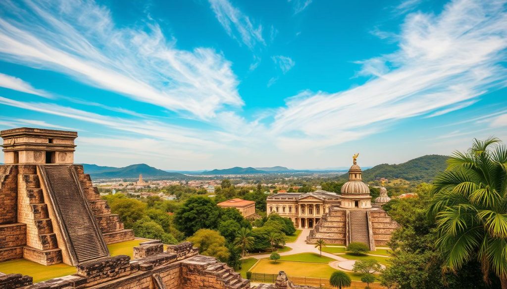 A picturesque vista of Belize's historical landmarks and cultural sites. In the foreground, the ancient Maya ruins of Xunantunich, with its impressive stone temples and carved stelae. Midground, the baroque-style architecture of Belize City's colonial buildings, casting long shadows under a warm, golden sun. In the distance, the lush green hills of the Cayo District, dotted with winding rivers and mystical cave systems. Overhead, wispy cirrus clouds drift across a bright azure sky, creating a sense of timeless tranquility. A lens of medium focal length captures the scene with a crisp, realistic clarity, inviting the viewer to explore the rich cultural tapestry that defines Belize's unique heritage.