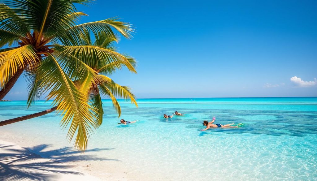 A pristine tropical beach in the Cayman Islands, with turquoise waters lapping at the white sand shore. In the foreground, palm trees sway gently in the warm breeze, casting soft shadows on the sand. In the middle ground, a group of snorkelers explore the vibrant coral reefs, their colorful flippers breaking the surface of the clear, calm sea. In the background, a cloudless azure sky frames the distant silhouettes of other small Cayman Islands, creating a serene and tranquil scene. The lighting is warm and golden, evoking the ideal time of year to visit this island paradise. A pristine tropical beach in the Cayman Islands, with turquoise waters lapping at the white sand shore. In the foreground, palm trees sway gently in the warm breeze, casting soft shadows on the sand. In the middle ground, a group of snorkelers explore the vibrant coral reefs, their colorful flippers breaking the surface of the clear, calm sea. In the background, a cloudless azure sky frames the distant silhouettes of other small Cayman Islands, creating a serene and tranquil scene. The lighting is warm and golden, evoking the ideal time of year to visit this island paradise.