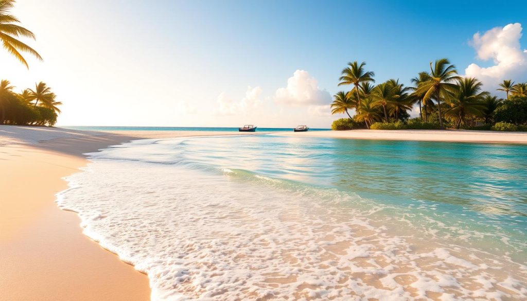 A pristine white sand beach along the stunning Barbados coastline, bathed in warm, golden sunlight. Gentle waves lap at the shore, creating a soothing, calming atmosphere. In the distance, lush, verdant palm trees sway in a gentle breeze, framing the idyllic scene. The crystal-clear, turquoise waters of the Caribbean Sea stretch out to the horizon, inviting visitors to dive in and experience the natural beauty of this tropical paradise. A breathtaking landscape that showcases the unique charm and allure of Barbados' renowned beaches.