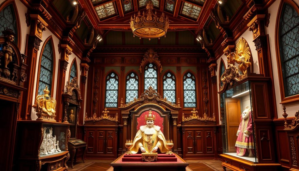 A regal and ornate interior of the Royal Regalia Museum in Brunei, showcasing the unique and exquisite regalia and artifacts used by the Sultan. Ornate wooden carvings and intricate gold-plated details adorn the walls, creating an atmosphere of grandeur and opulence. Spotlights illuminate the museum's prized possessions, including the Sultan's crown, scepter, and ceremonial robes, capturing the essence of Brunei's rich cultural heritage and the importance of the Sultan's role in the country. The museum's architecture features high ceilings, stained glass windows, and a serene, contemplative ambiance, inviting visitors to explore the significance of these royal treasures.