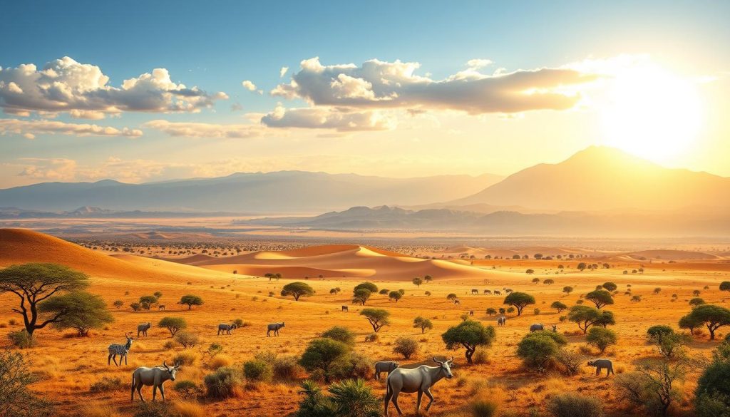 A richly detailed travel guide illustration showcasing the distinct seasons of Chad. In the foreground, a sun-drenched landscape of rolling savannas, dotted with acacia trees and curious wildlife. In the middle ground, a panoramic vista of the Sahara Desert, its vast dunes shifting under dramatic cloud formations. The background features the majestic peaks of the Tibesti Mountains, their snow-capped summits glowing in the golden hour light. The overall composition conveys the diverse natural wonders and the ideal times to explore this captivating Central African nation, from the lush greenery of the rainy season to the rugged splendor of the dry months.