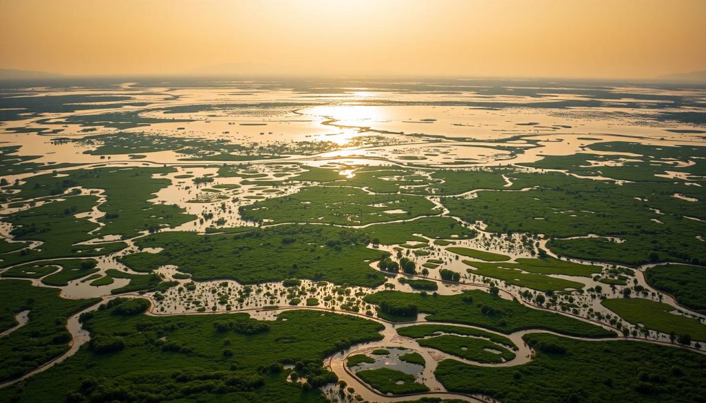 A serene aerial view of the vast expanse of Lake Chad, its shallow waters shimmering under the warm, golden light of the African sun. In the foreground, a mosaic of lush, verdant wetlands teeming with diverse flora and fauna, while the middleground showcases the intricate network of meandering channels and small islands that characterize this ecological wonder. In the distance, the horizon is dotted with the silhouettes of distant mountains, creating a picturesque backdrop to this vibrant, life-sustaining ecosystem. The scene exudes a sense of tranquility and the delicate balance of nature, capturing the essence of Lake Chad's importance as a critical resource for the surrounding communities.
