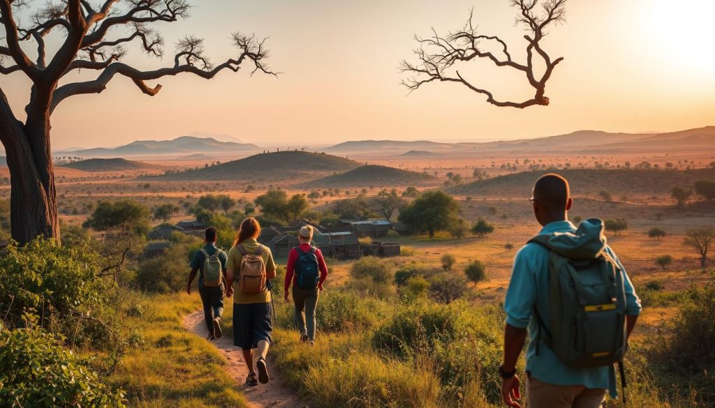 A serene landscape in Chad, where eco-friendly travel takes center stage. In the foreground, a group of hikers in sustainable apparel explore a lush, verdant trail, their footsteps echoing the rhythm of responsible exploration. Behind them, a majestic baobab tree stands tall, its twisted branches reaching towards the sky. In the middle ground, a traditional mud-brick village nestles among rolling hills, its inhabitants living in harmony with the land. The background is dominated by a stunning, golden-hued savanna, bathed in the warm glow of the sun, symbolizing the region's commitment to preserving its natural beauty. The overall scene conveys a sense of balance, where the people of Chad embrace the delicate balance between tourism and environmental stewardship.