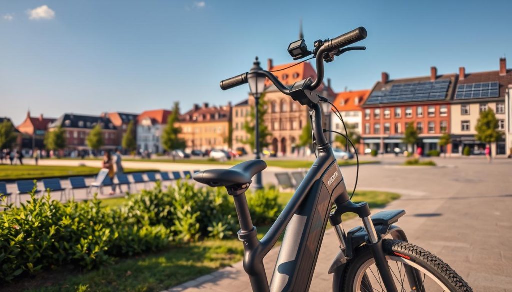 A serene landscape in Lüneburg, Germany, showcasing the city's commitment to sustainable travel. In the foreground, an electric bicycle stands ready, its sleek design and battery-powered motor embodying eco-friendly transportation. In the middle ground, a pedestrian-friendly promenade lined with lush greenery and solar-powered street lamps invites visitors to explore the city on foot. The background features a historic town square, its buildings adorned with solar panels, reflecting the city's integration of renewable energy sources. Warm, golden sunlight filters through the scene, creating a welcoming and tranquil atmosphere that captures the essence of Lüneburg's sustainability efforts. A serene landscape in Lüneburg, Germany, showcasing the city's commitment to sustainable travel. In the foreground, an electric bicycle stands ready, its sleek design and battery-powered motor embodying eco-friendly transportation. In the middle ground, a pedestrian-friendly promenade lined with lush greenery and solar-powered street lamps invites visitors to explore the city on foot. The background features a historic town square, its buildings adorned with solar panels, reflecting the city's integration of renewable energy sources. Warm, golden sunlight filters through the scene, creating a welcoming and tranquil atmosphere that captures the essence of Lüneburg's sustainability efforts.