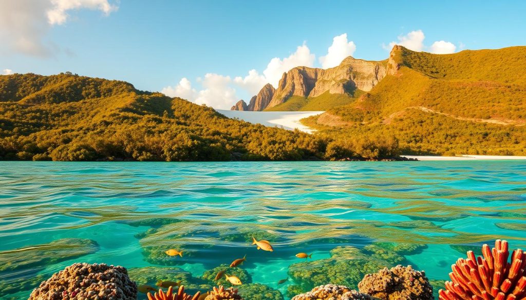 A serene landscape of the Cayman Islands, showcasing its vibrant wildlife and natural wonders. In the foreground, a crystal-clear turquoise lagoon teeming with a diverse array of tropical fish and vibrant coral formations. In the middle ground, lush mangrove forests and rolling hills covered in verdant vegetation, home to unique endemic species like the Grand Cayman iguana. In the background, majestic cliffs and pristine white-sand beaches bathed in warm, golden sunlight. The scene is captured with a wide-angle lens, creating a sense of depth and immersion, accentuated by soft, diffused lighting that highlights the natural beauty of this Caribbean paradise. A serene landscape of the Cayman Islands, showcasing its vibrant wildlife and natural wonders. In the foreground, a crystal-clear turquoise lagoon teeming with a diverse array of tropical fish and vibrant coral formations. In the middle ground, lush mangrove forests and rolling hills covered in verdant vegetation, home to unique endemic species like the Grand Cayman iguana. In the background, majestic cliffs and pristine white-sand beaches bathed in warm, golden sunlight. The scene is captured with a wide-angle lens, creating a sense of depth and immersion, accentuated by soft, diffused lighting that highlights the natural beauty of this Caribbean paradise.
