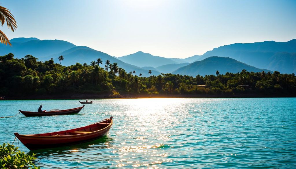 A serene scene of Lake Tanganyika, the jewel of Burundi's stunning natural landscape. The shimmering turquoise waters stretch out towards the distant mountains, their peaks capped in a hazy blue. In the foreground, traditional fishing boats bob gently on the calm surface, their wooden hulls reflecting the warm, golden light of the afternoon sun. Lush, verdant vegetation lines the shores, creating a lush, tropical atmosphere. A sense of tranquility and timelessness permeates the scene, inviting visitors to immerse themselves in the beauty and wonder of this remarkable Burundian destination.