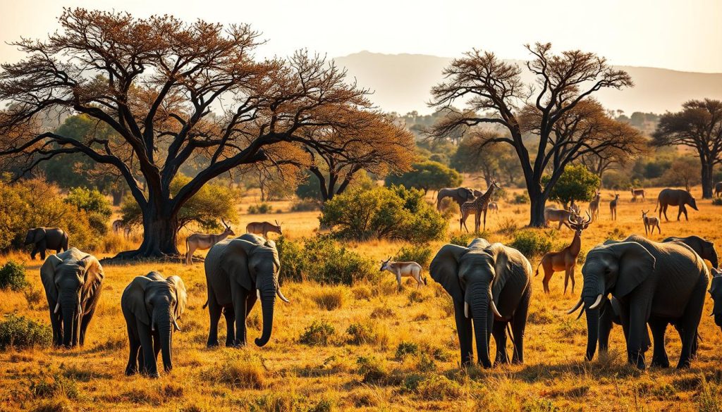 A serene wildlife scene in the heart of Botswana's pristine savanna. In the foreground, a herd of elephants gently grazes, their trunks delicately foraging for lush vegetation. The middle ground is dotted with acacia trees, casting long shadows under the warm, golden light of the afternoon sun. In the distance, a diverse array of Botswana's iconic wildlife - lions, giraffes, and antelope - roam freely, protected by the country's robust conservation efforts. The overall atmosphere is one of tranquility and harmony, showcasing Botswana's deep commitment to preserving its natural wonders for generations to come.