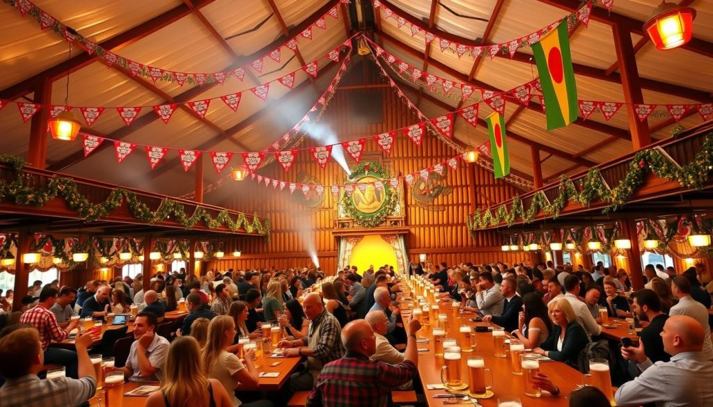 A sprawling Bavarian beer tent at the heart of the legendary Oktoberfest, its towering wooden structure adorned with colorful banners and garlands. Rows of long communal tables brimming with revelers, mugs of frothy golden lager in hand, as they sing and cheer. The air is thick with the scent of roasted meats, sizzling sausages, and the malty aroma of freshly poured beer. Warm lighting casts a cozy glow, illuminating the lively atmosphere and the smiling faces of the celebrants. The tent's grand entrance beckons, inviting onlookers to step inside and immerse themselves in the spirited revelry of this iconic Bavarian tradition.